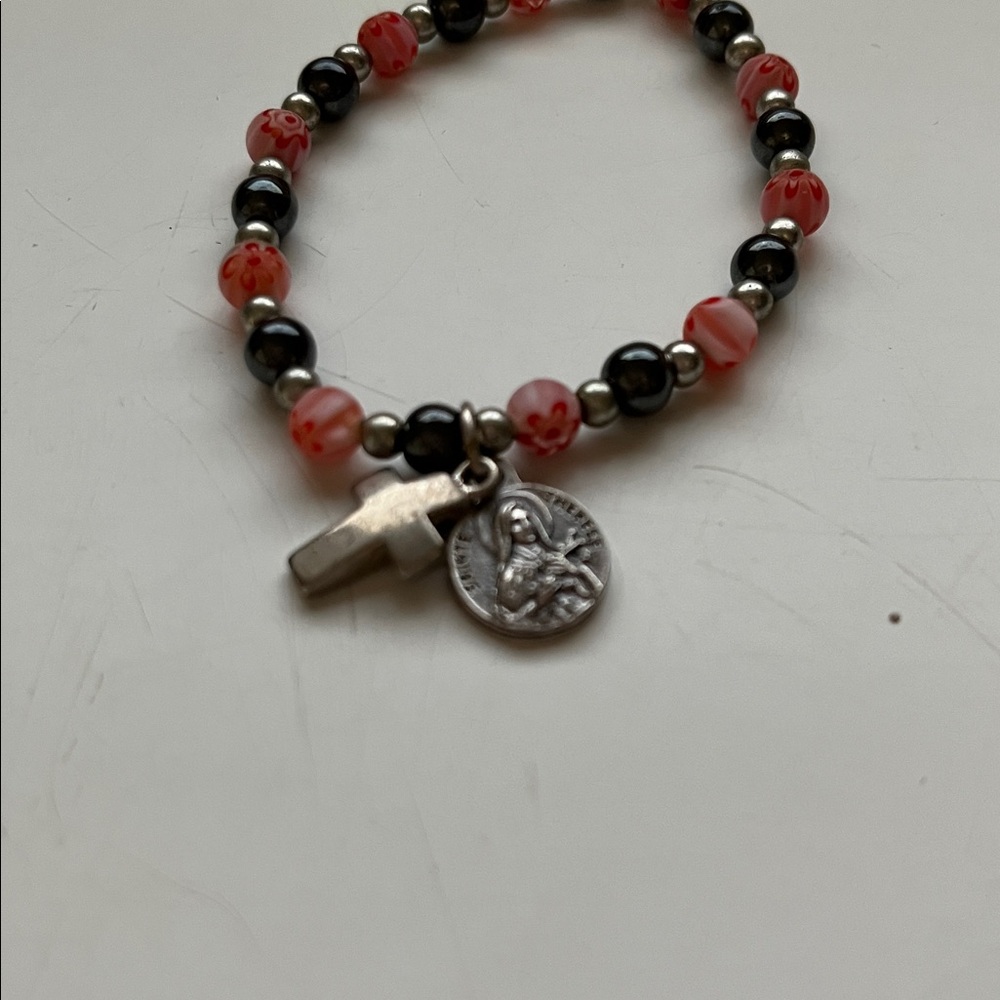 Religious Beaded Bracelet with Cross & St Theresa Charm - Picture 2 of 4